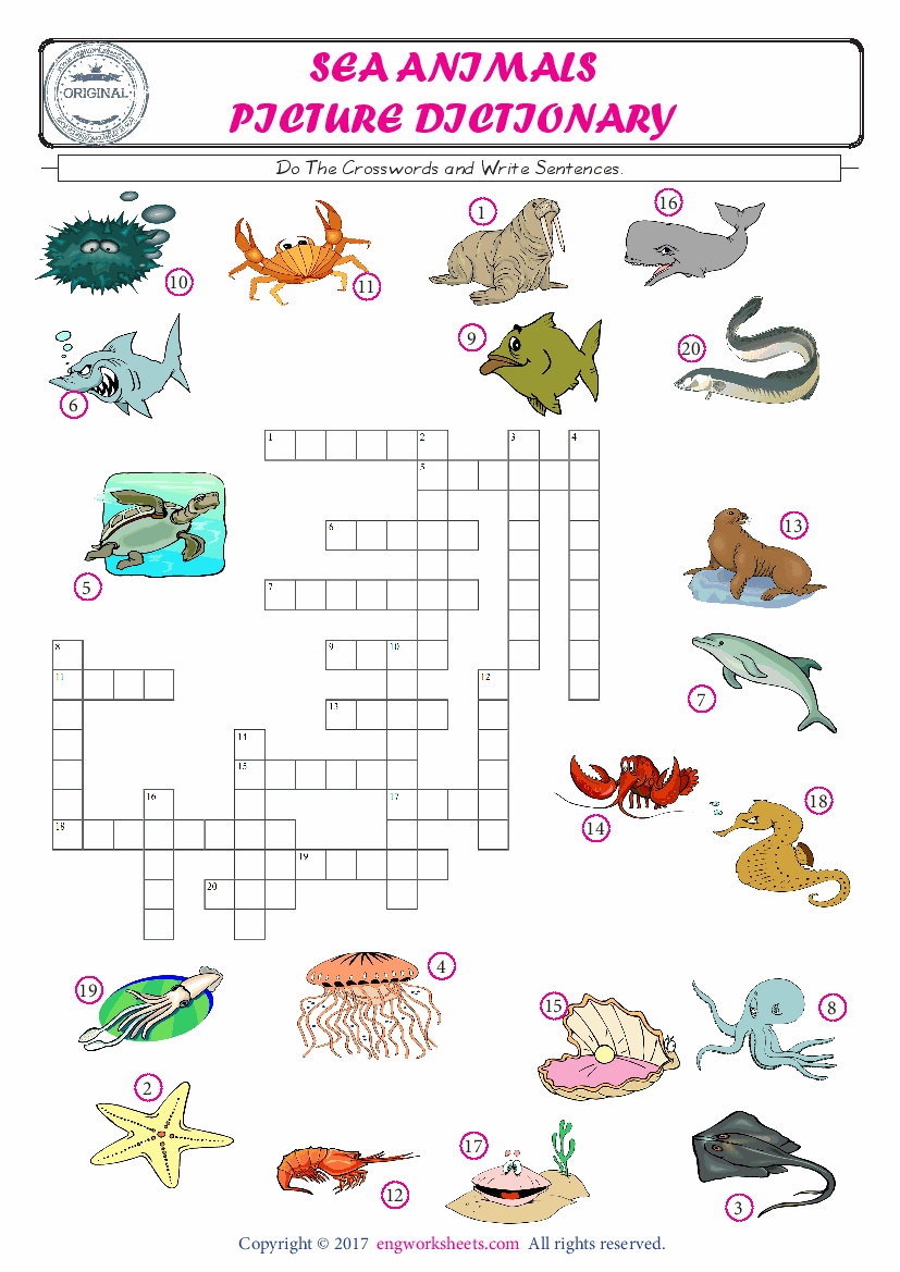  ESL printable worksheet for kids, supply the missing words of the crossword by using the Sea Animals picture. 